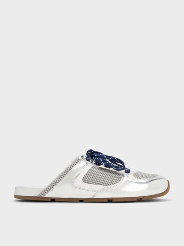 Metallic Mesh Patterned-Lace Slip-On Sneakers, Silver, hi-res