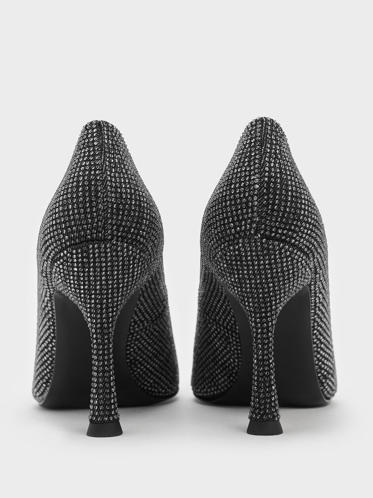 Denim Pointed-Toe Spool-Heel Pumps, Black Textured, hi-res