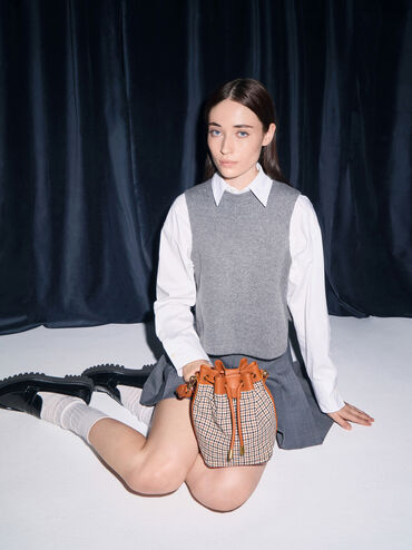 Checkered Drawstring Bucket Bag, Cognac, hi-res