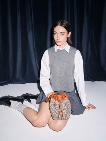Checkered Drawstring Bucket Bag, Cognac, hi-res