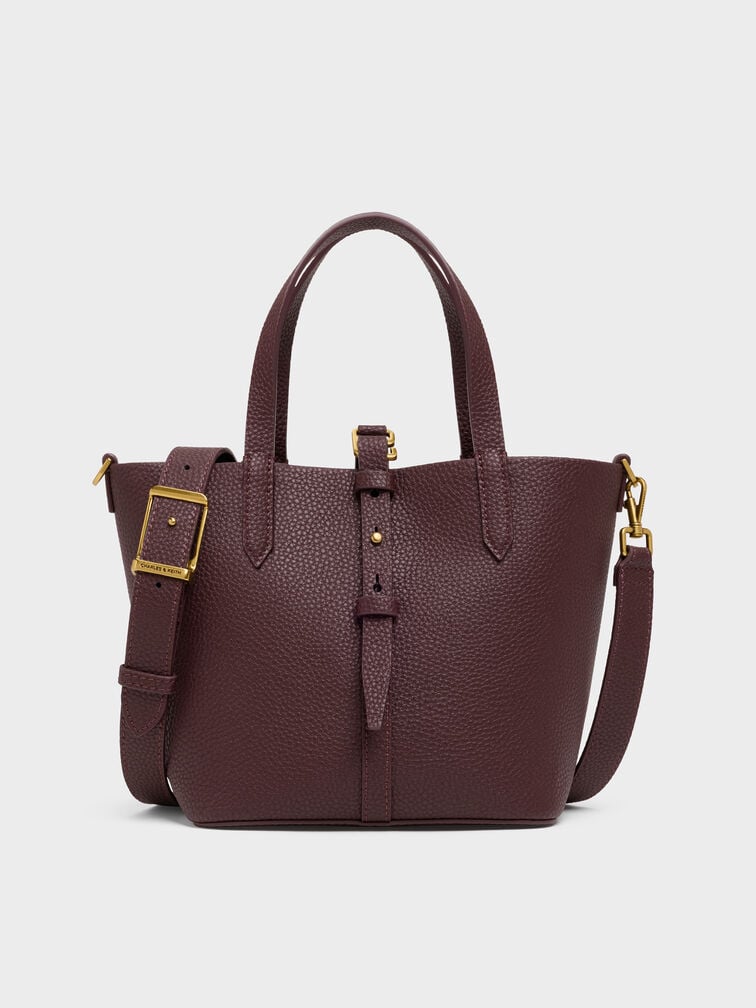 Beryl Recycled Leather Double-Handle Belted Bucket Bag, Wineberry Red, hi-res