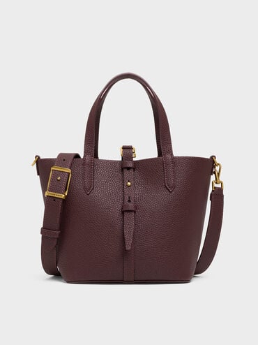 Beryl Recycled Leather Double-Handle Belted Bucket Bag, Wineberry Red, hi-res