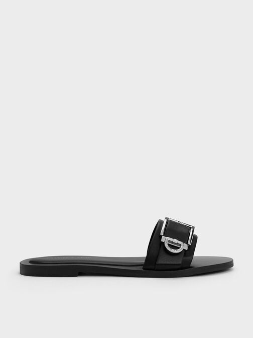 Metallic Buckle Slides, Black, hi-res