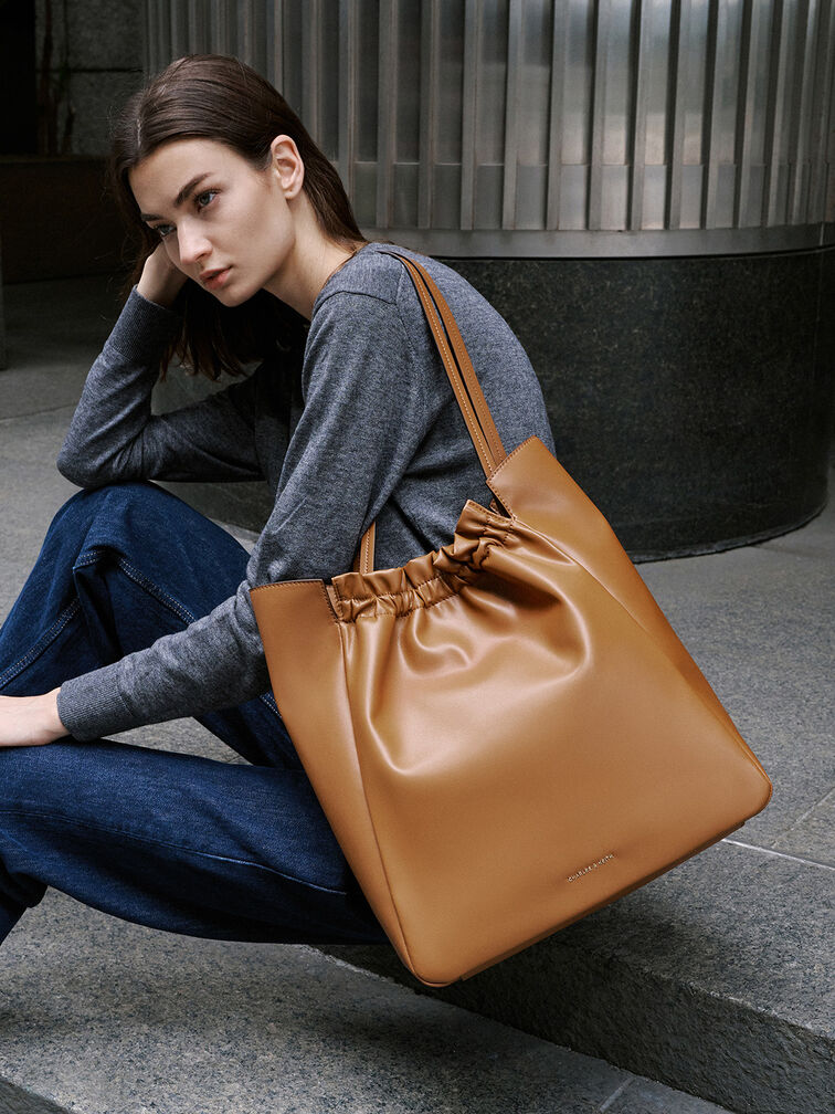 Brigette Ruched Tote Bag, Brown, hi-res