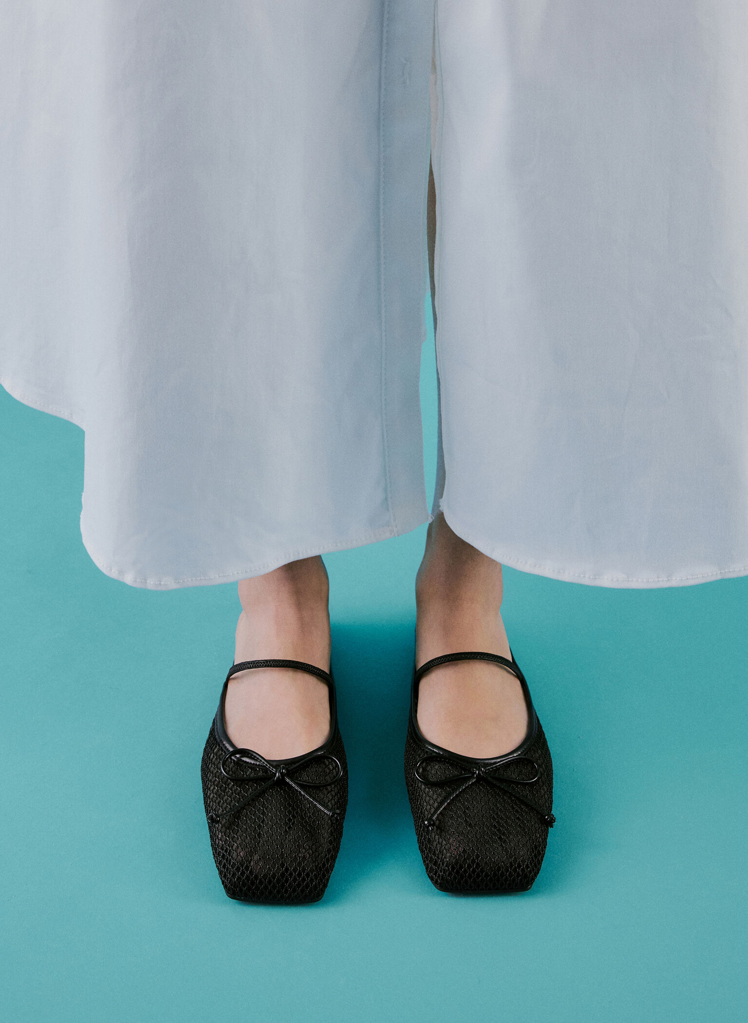 Mesh Bow Square-Toe Ballet Mules, Black Textured, hi-res