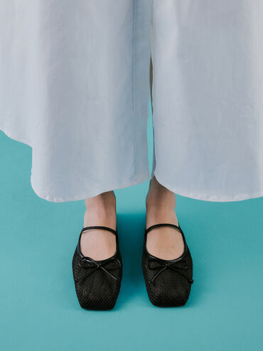 Mesh Bow Square-Toe Ballet Mules, Black Textured, hi-res
