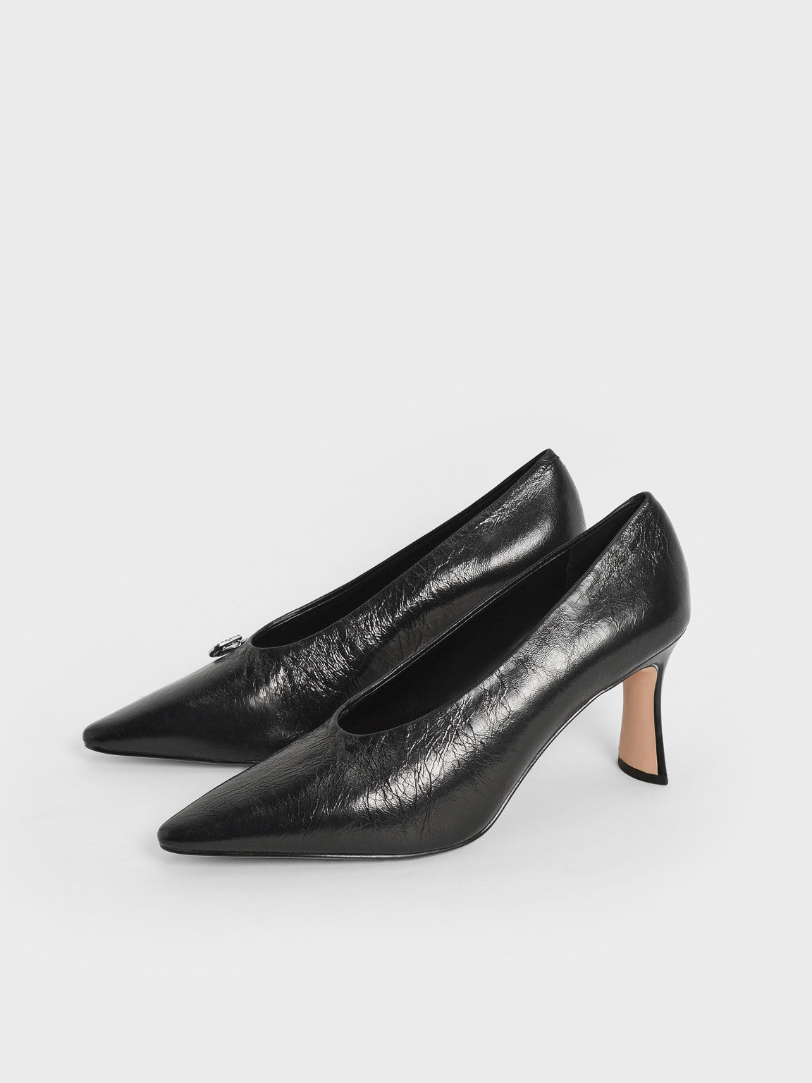 Gem-Embellished Leather Court Shoes, Black, hi-res