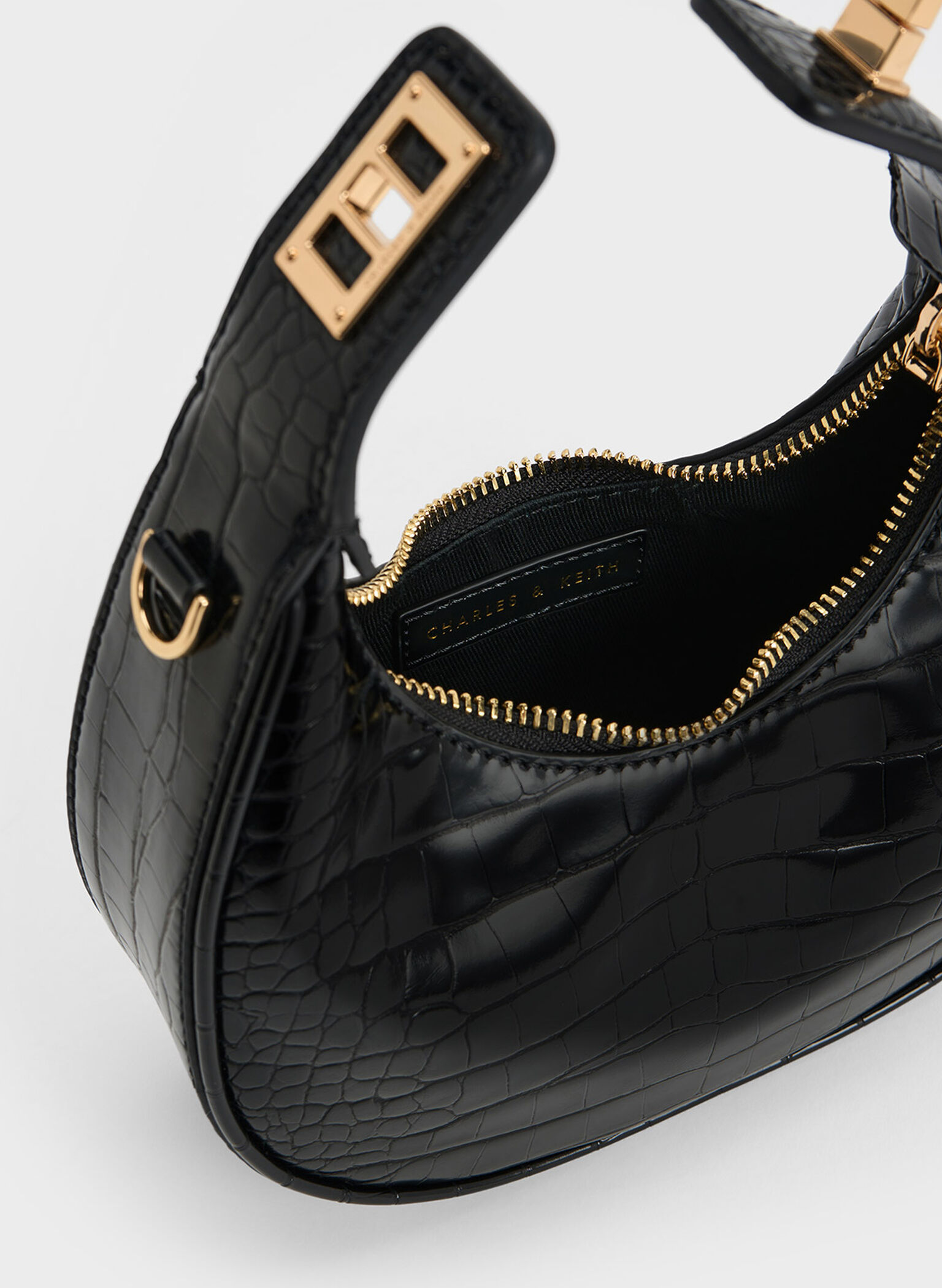 Mini Croc-Effect Moon Bag, Black, hi-res