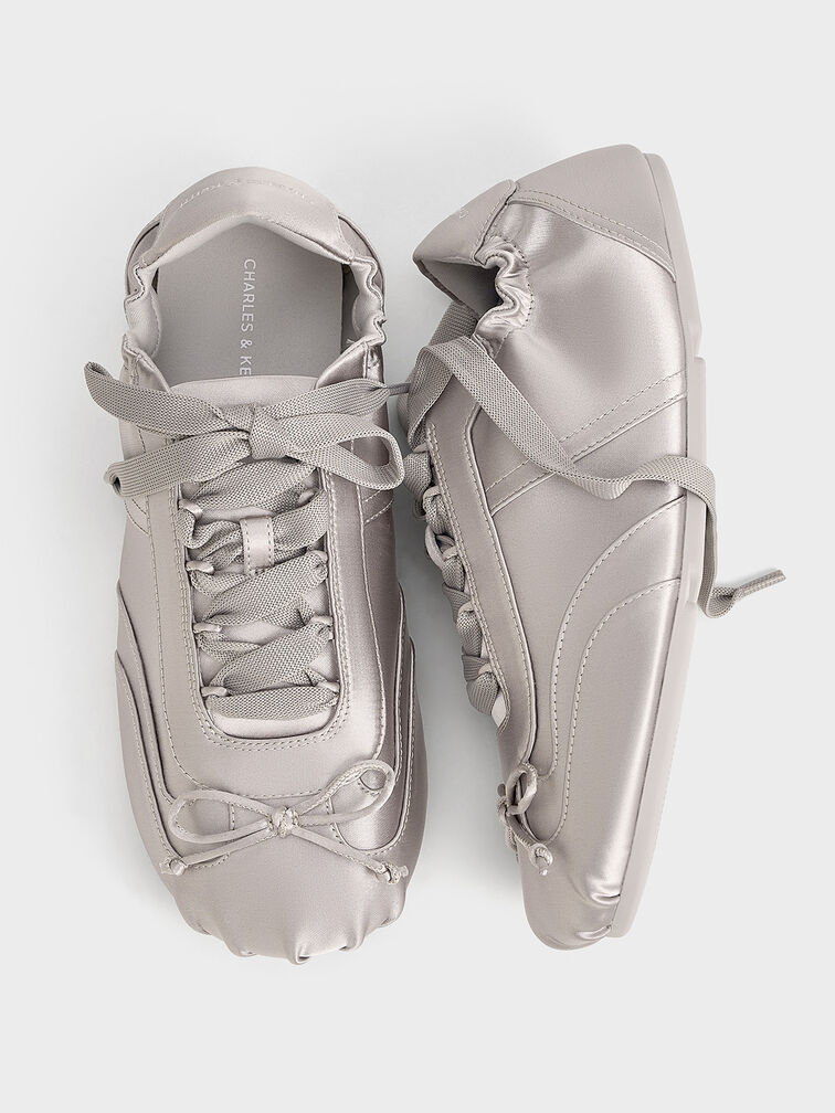 Cece Satin Ruched Bow Sneakers, Light Grey, hi-res