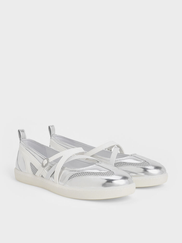 Metallic Mesh Two-Tone Ballet Sneakers, Silver, hi-res