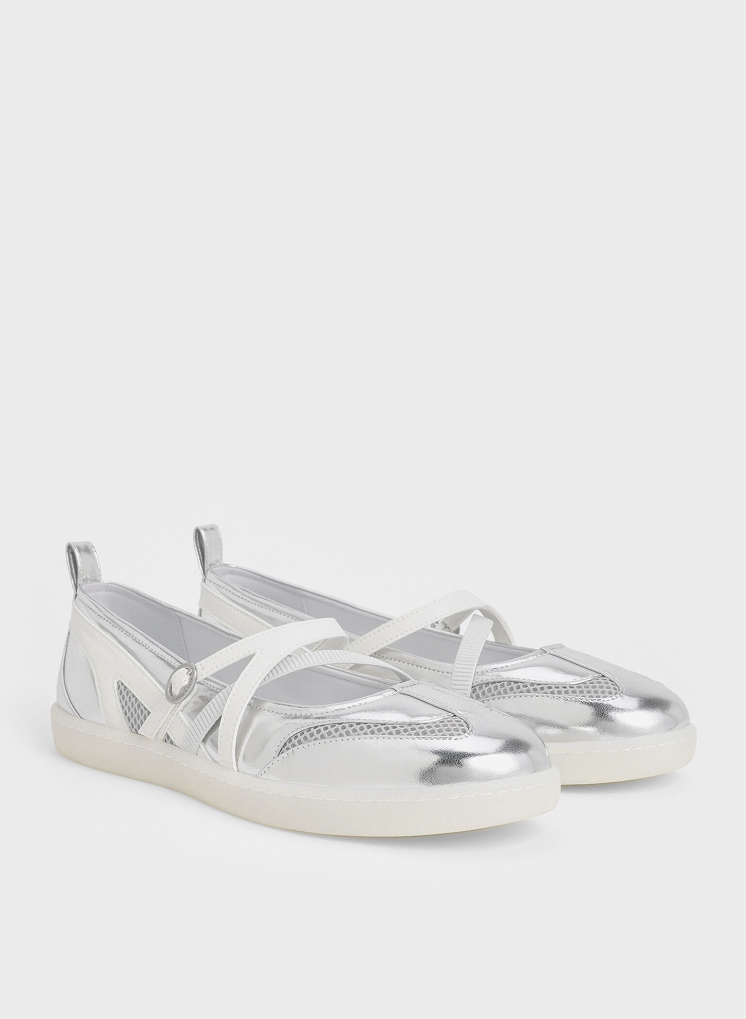 Metallic Mesh Two-Tone Ballet Sneakers, Silver, hi-res