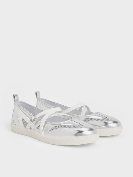 Metallic Mesh Two-Tone Ballet Sneakers, Silver, hi-res