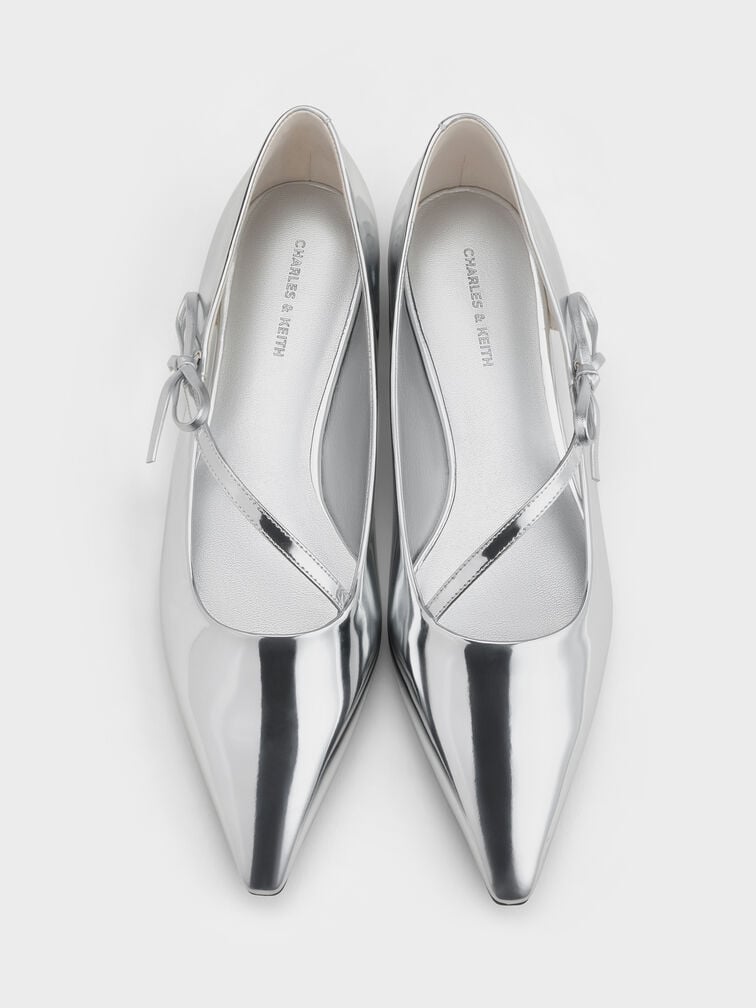Metallic Pointed-Toe Bow-Strap Flats, Silver, hi-res