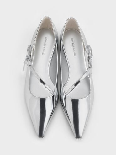 Metallic Pointed-Toe Bow-Strap Flats, Silver, hi-res