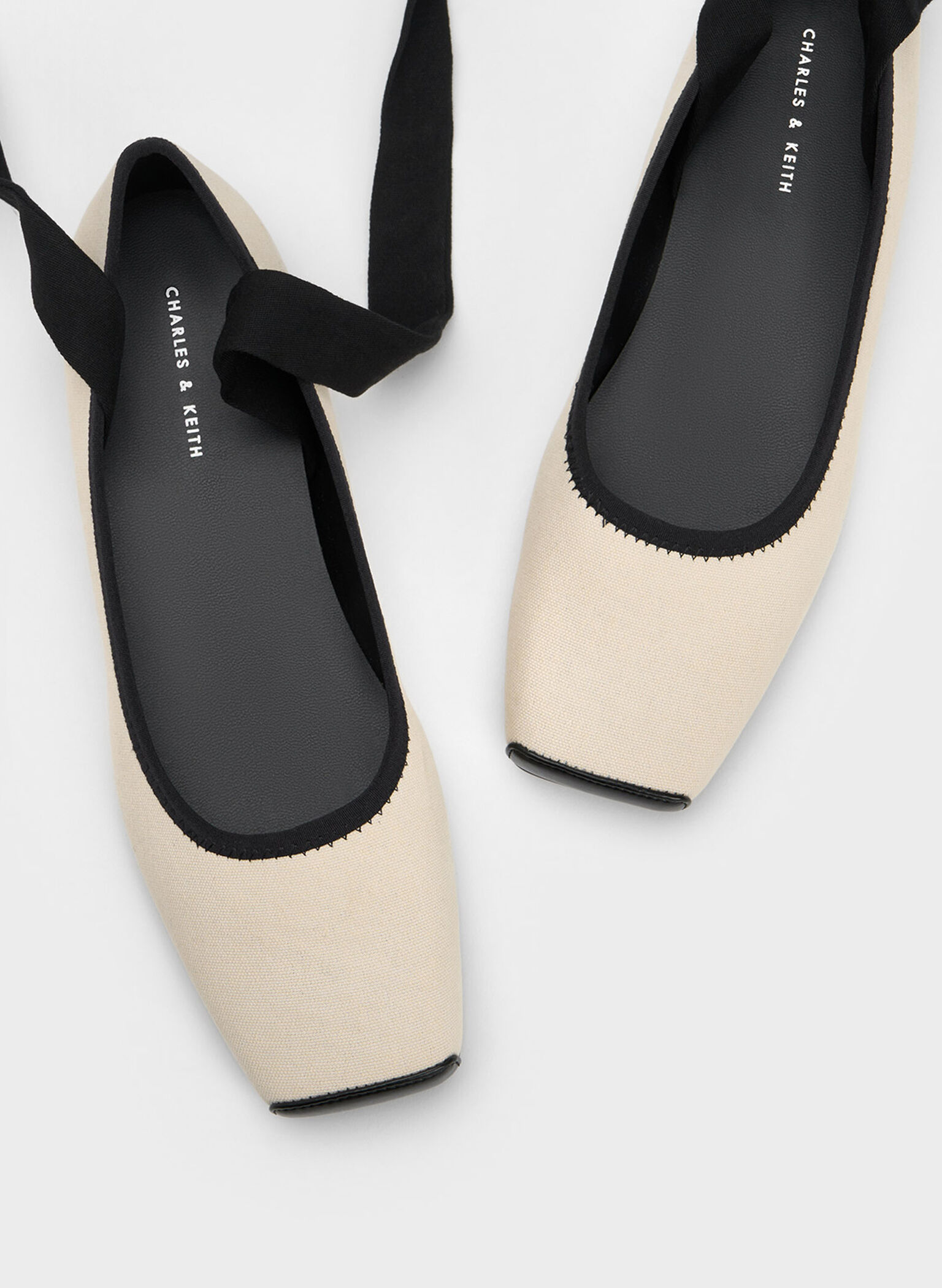 Tie-Around Canvas Ballerina Flats, Black Textured, hi-res