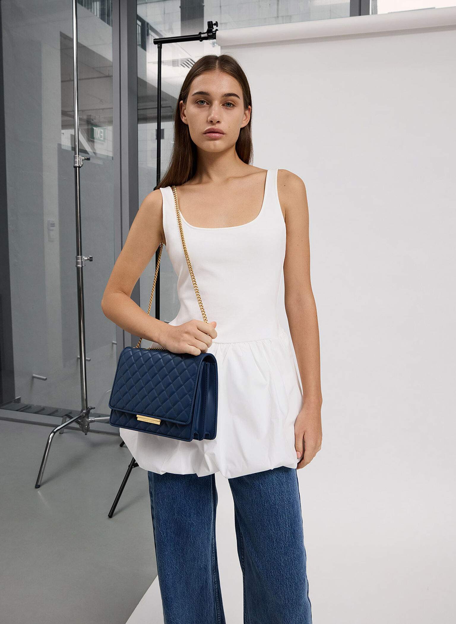 Double Chain Handle Quilted Bag, Navy, hi-res