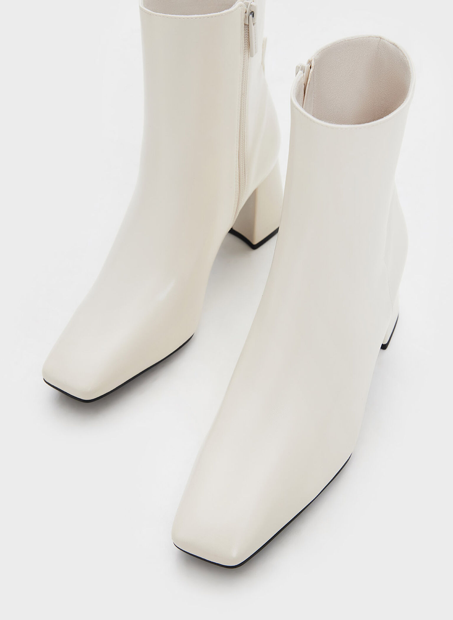 Curved Block Heel Ankle Boots, Chalk, hi-res
