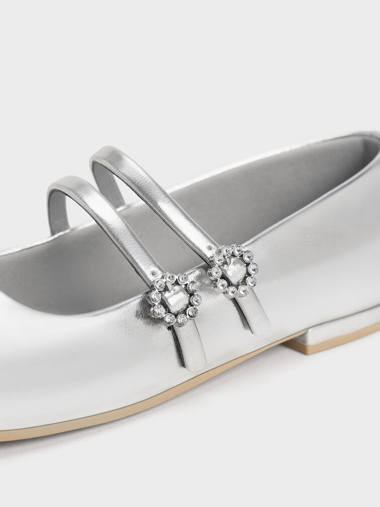 Girls' Gem-Embellished Metallic Mary Janes, Silver, hi-res