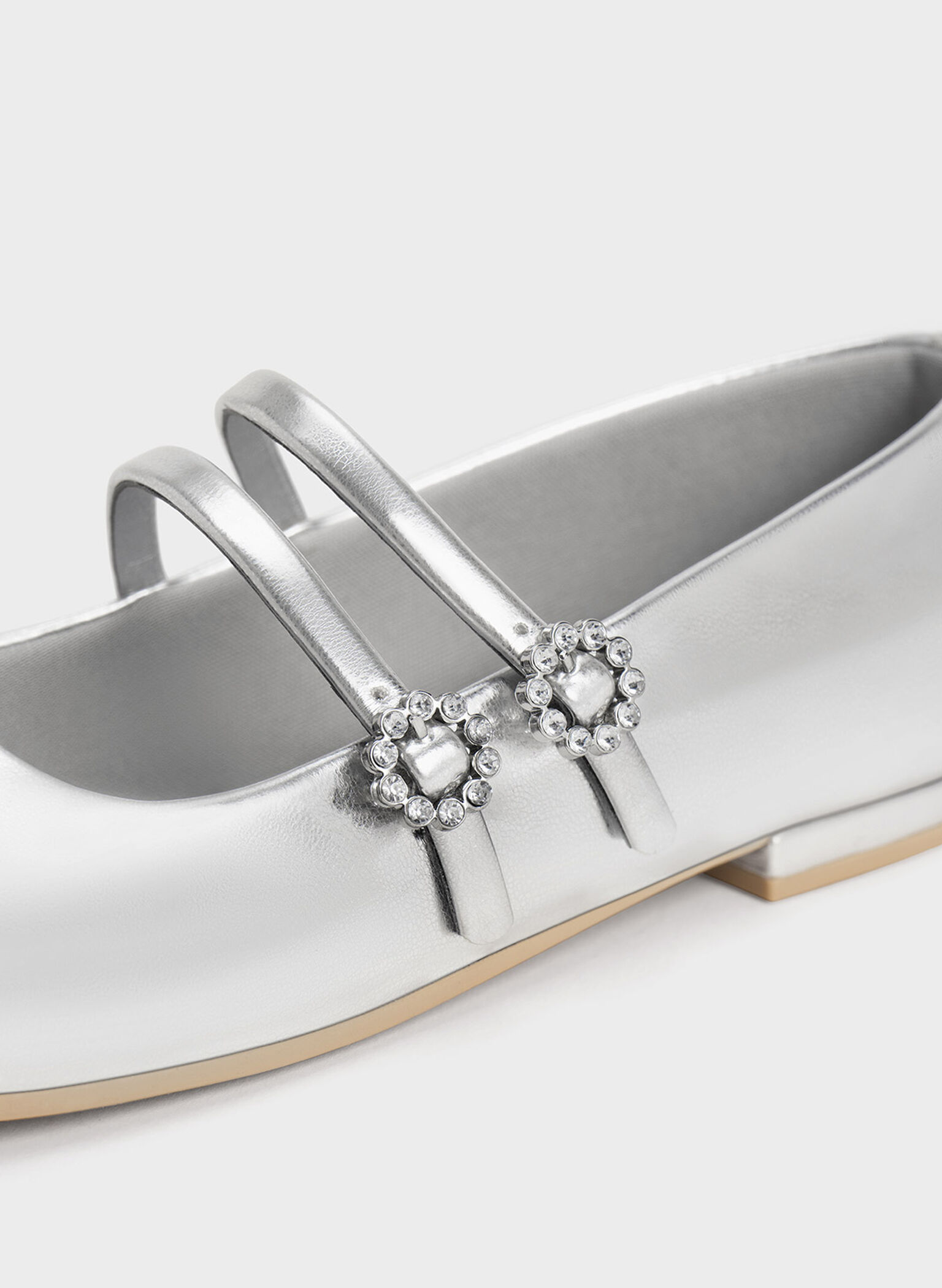 Girls' Gem-Embellished Metallic Mary Janes, Silver, hi-res