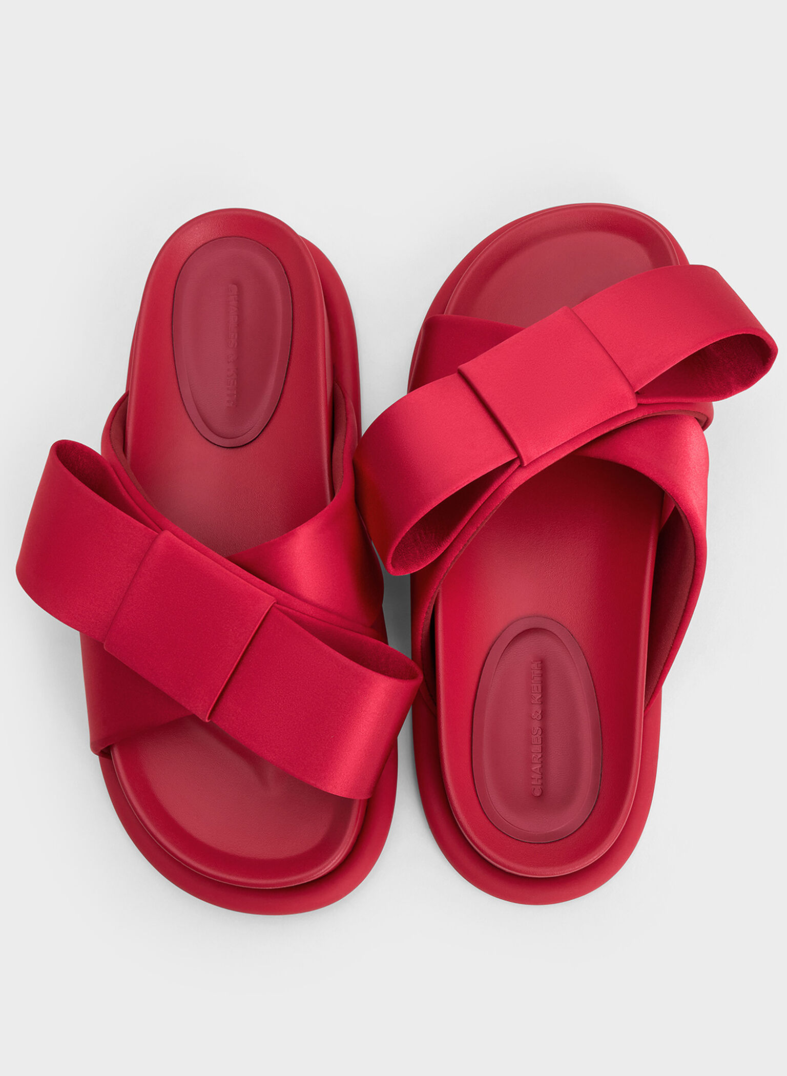 Satin Bow Flatform Sandals, Red, hi-res