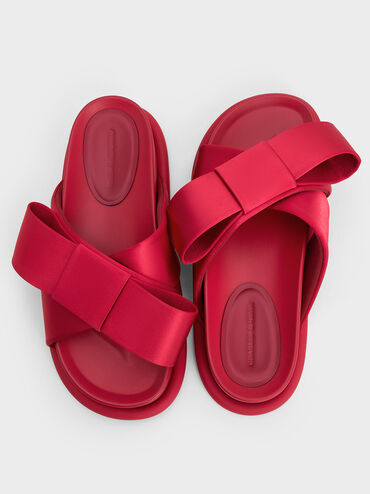 Satin Bow Flatform Sandals, Red, hi-res