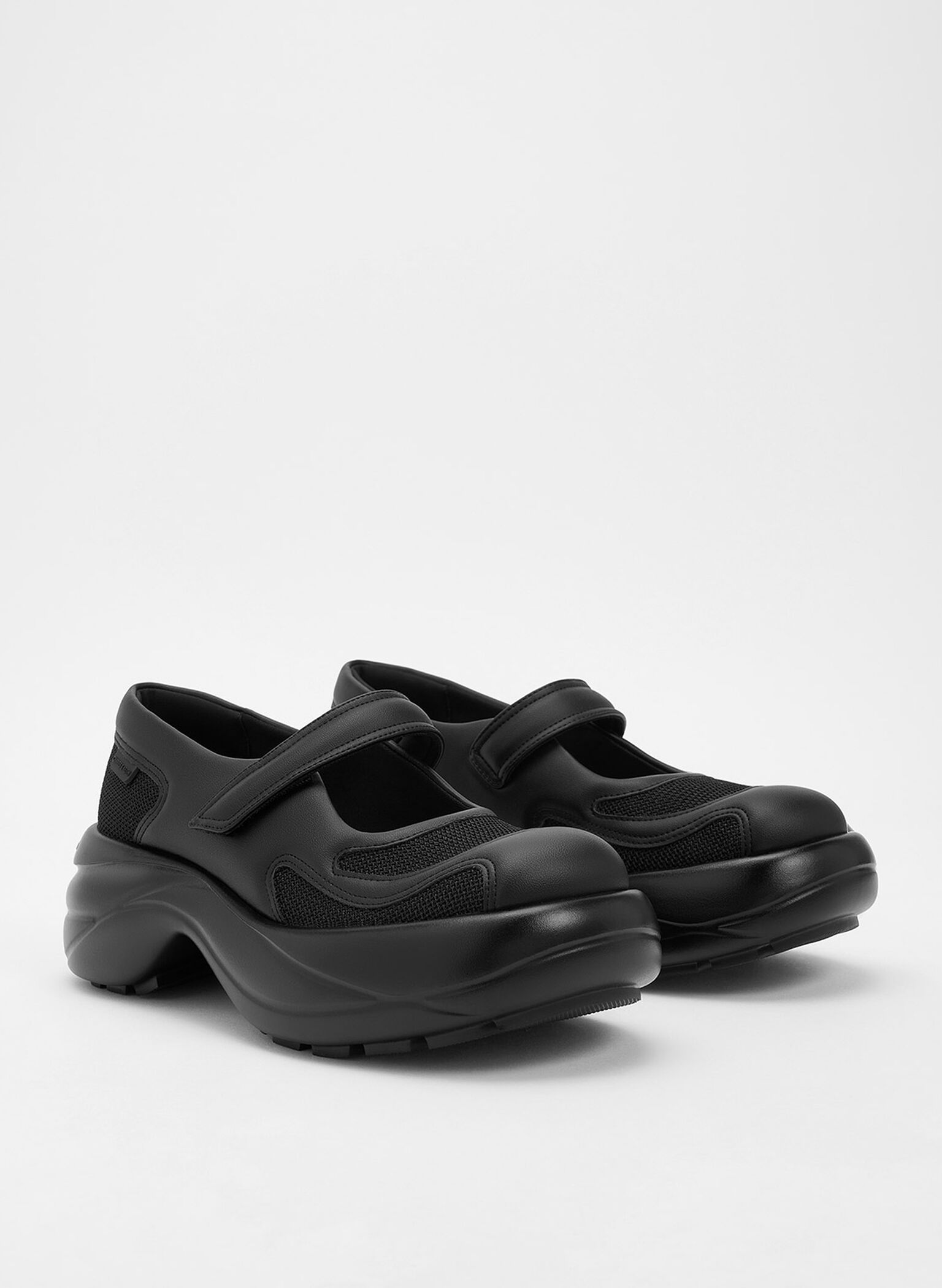 Mesh Curved Platform Mary Jane Sneakers, Black Textured, hi-res