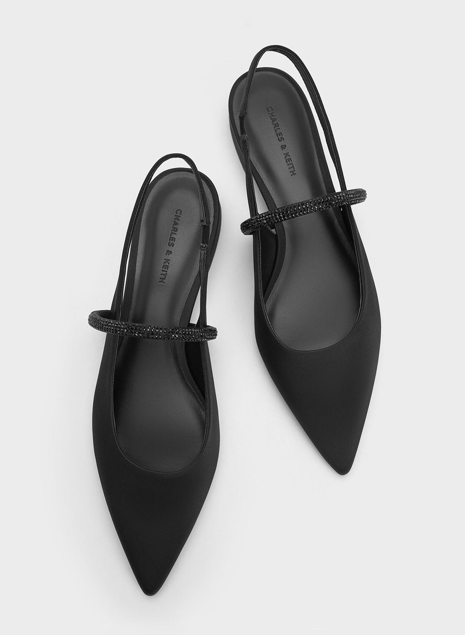 Satin Crystal-Strap Pointed-Toe Slingback Flats, Black Textured, hi-res