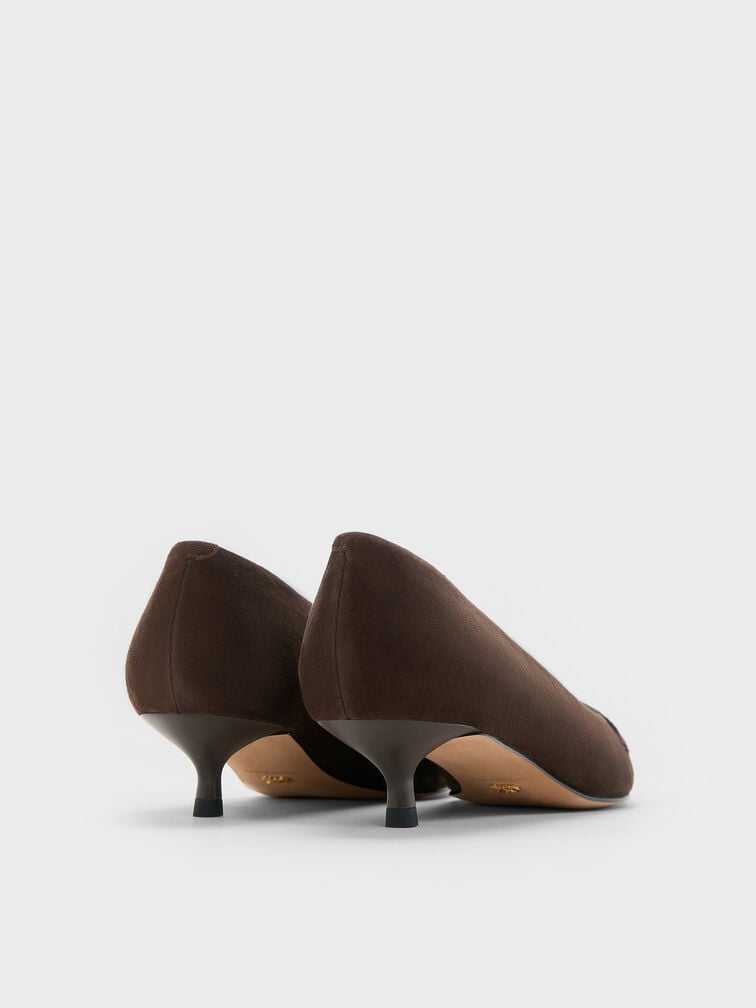 Georgina Suede Pointed-Toe Kitten-Heel Pumps, Dark Brown Textured, hi-res