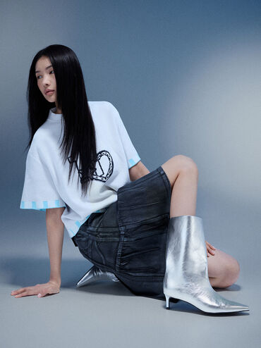 Metallic Elongated Tapered-Toe Kitten-Heel Calf Boots, Silver, hi-res