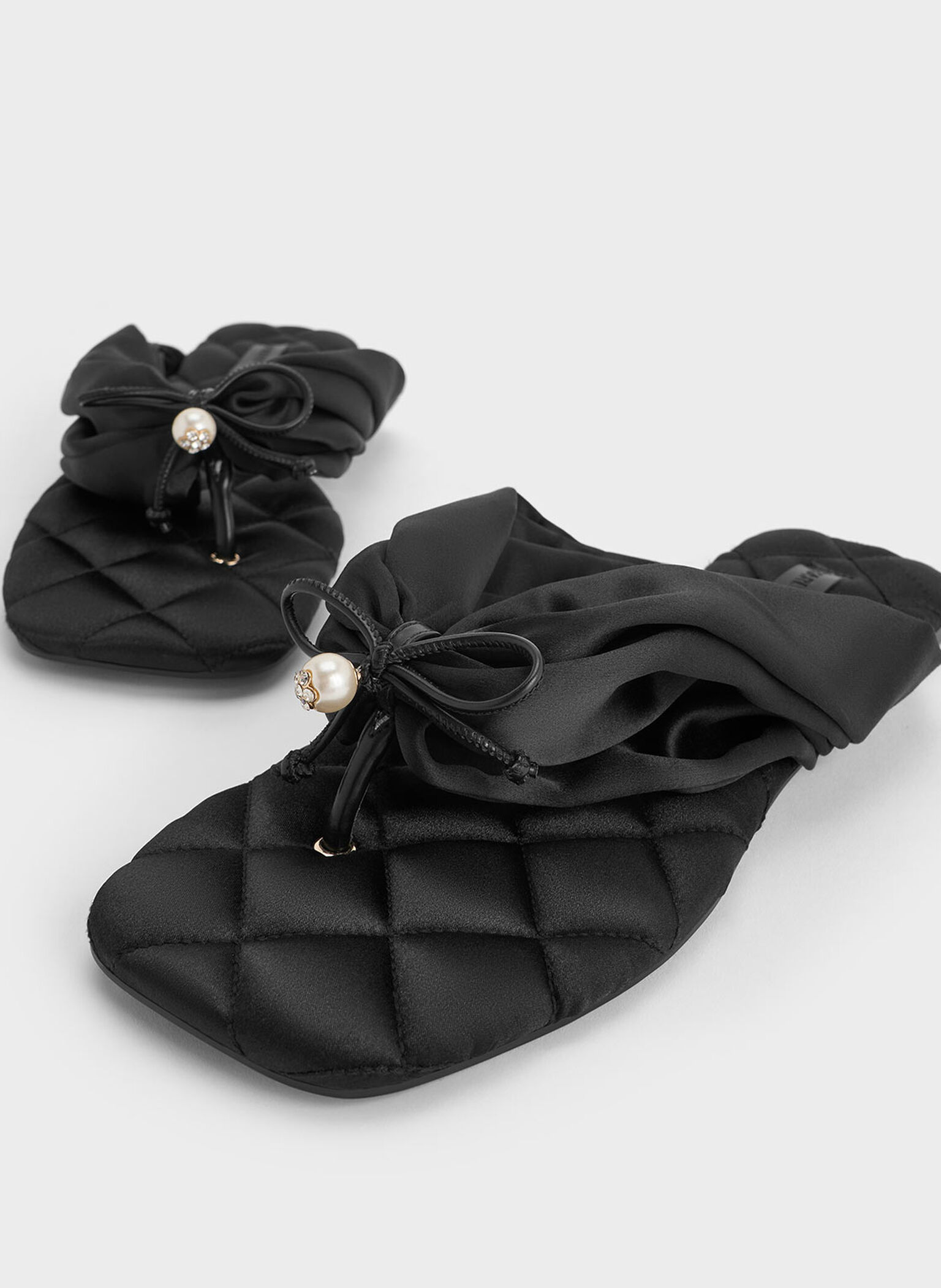 Satin Pearl-Accent Square-Toe Sandals, Black Textured, hi-res