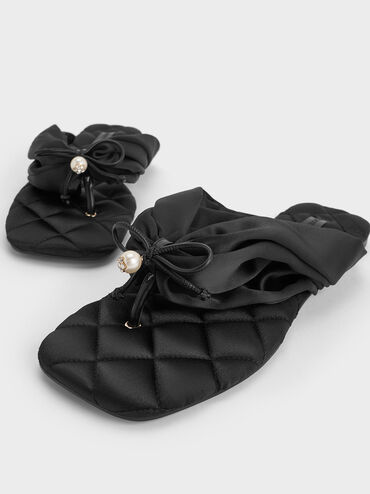 Satin Pearl-Accent Square-Toe Sandals, Black Textured, hi-res