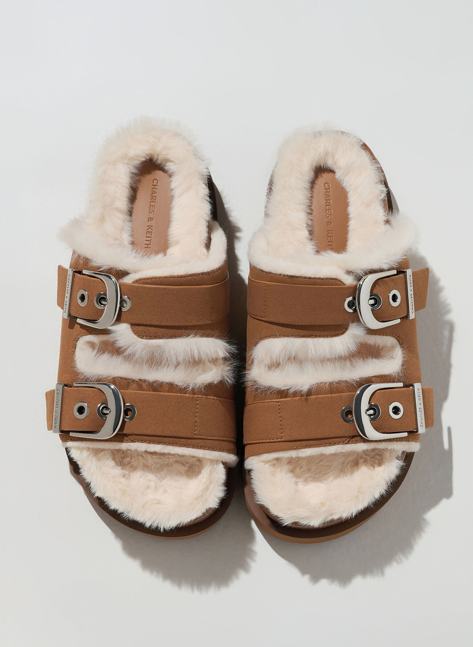 Hannah Furry Buckled Double-Strap Sandals, Brown, hi-res