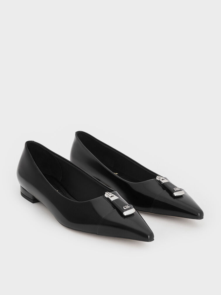 Nina Leather Pointed Cap-Toe Flats, Black Box, hi-res
