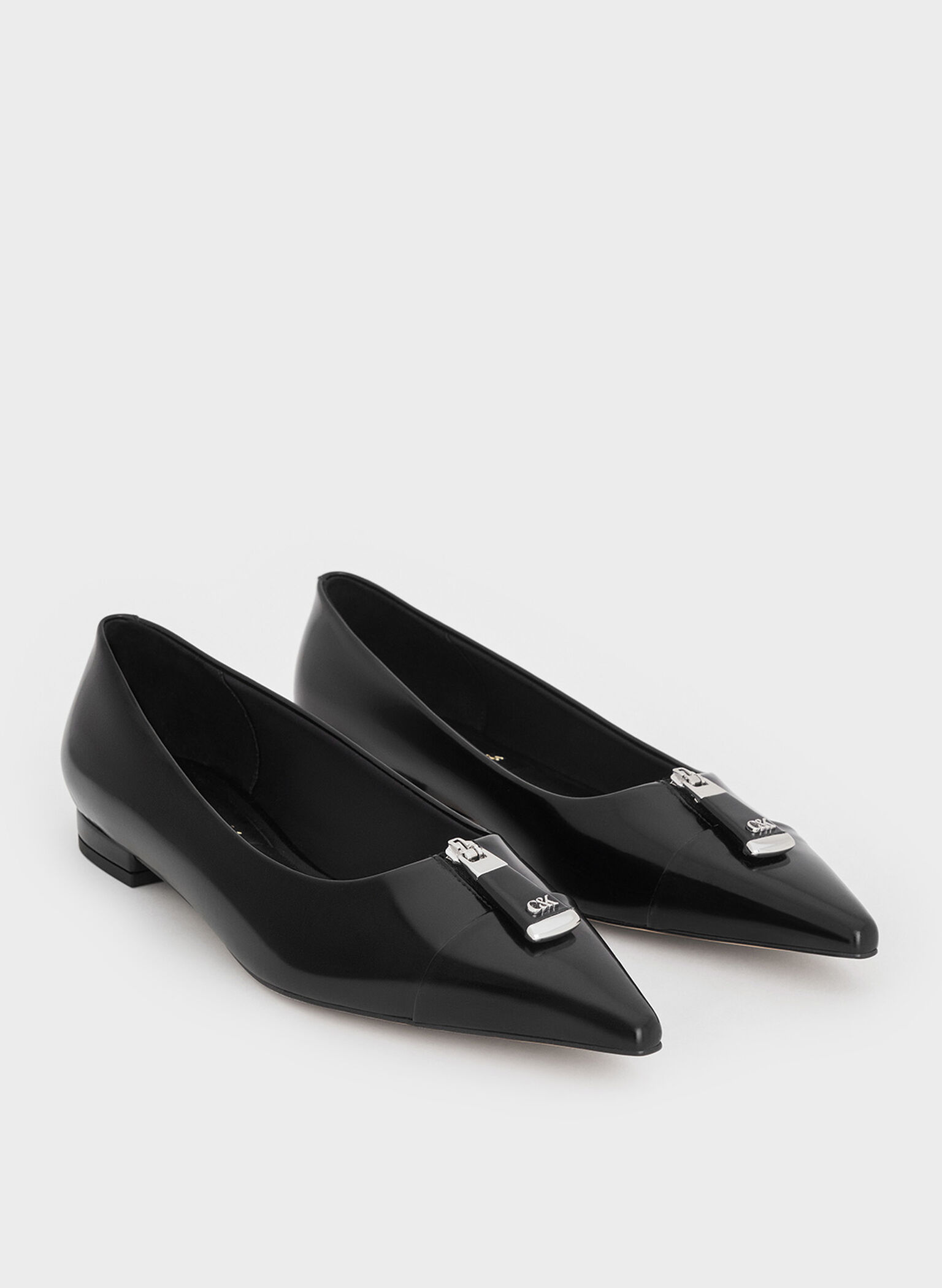 Nina Leather Pointed Cap-Toe Flats, Black Box, hi-res