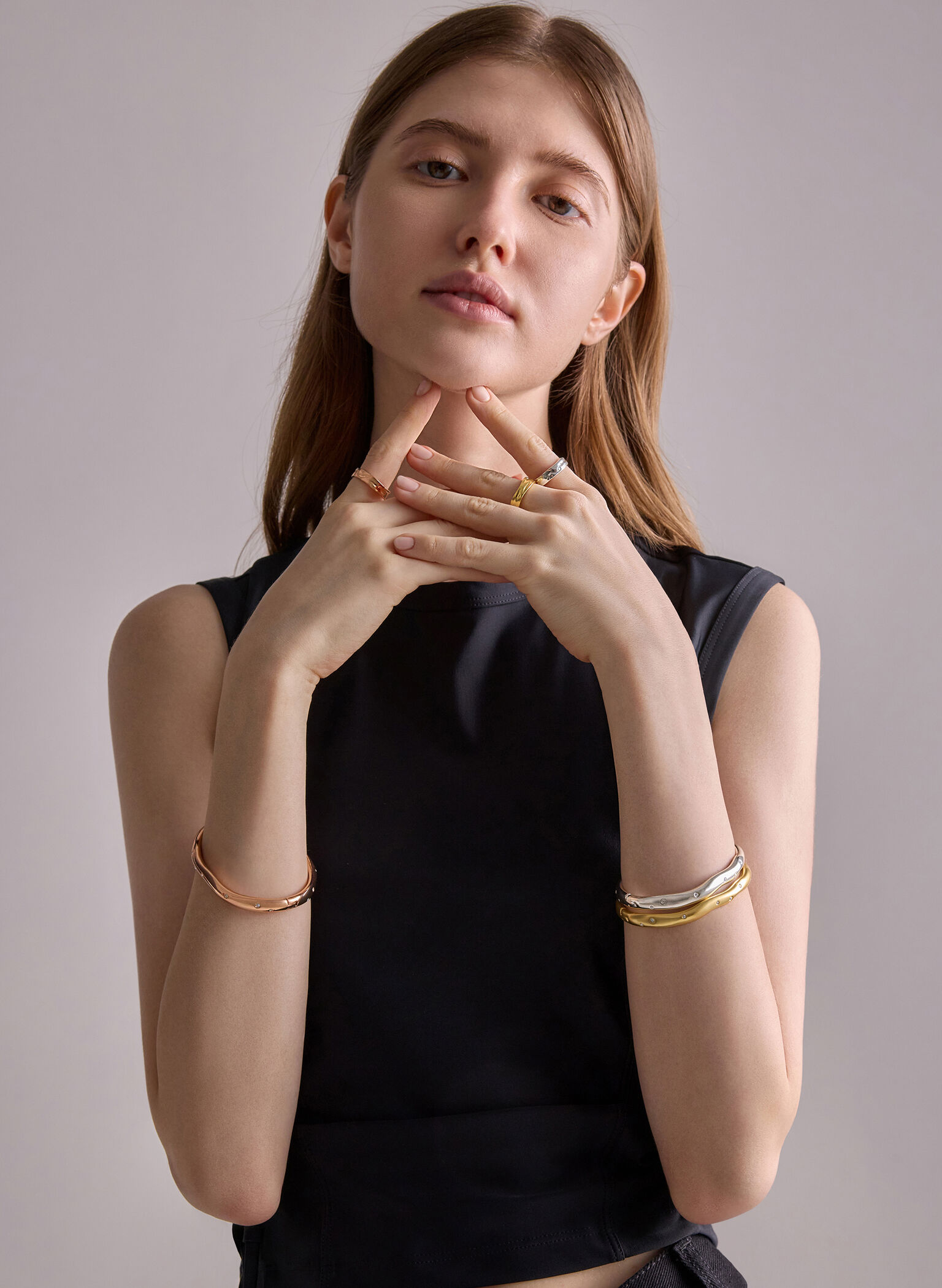 Ottilie Crystal Sculptural Bangle, Brush Gold, hi-res