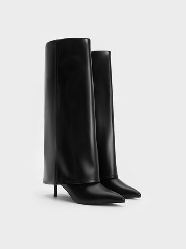 Fold-Over Pointed-Toe Knee-High Boots, Black, hi-res