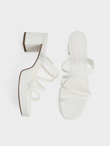 Strappy Trapeze-Heel Mules, White, hi-res
