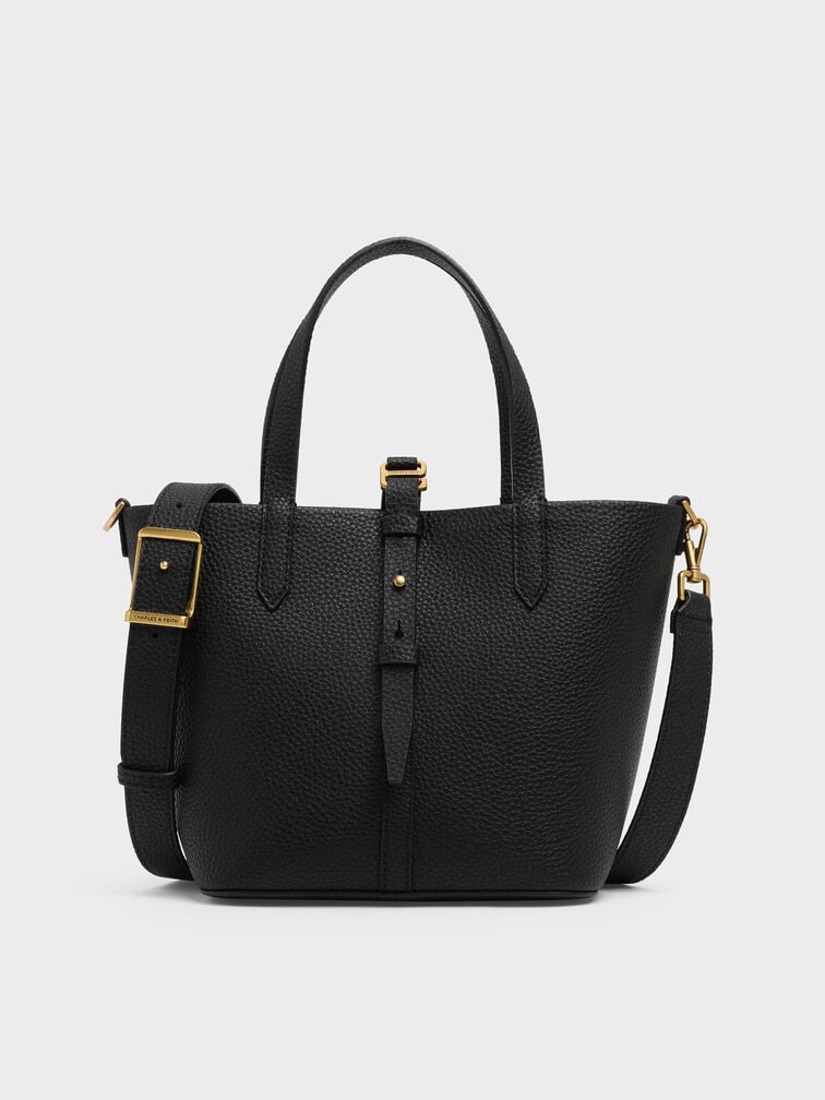 Beryl Recycled Leather Double-Handle Belted Bucket Bag, Black, hi-res