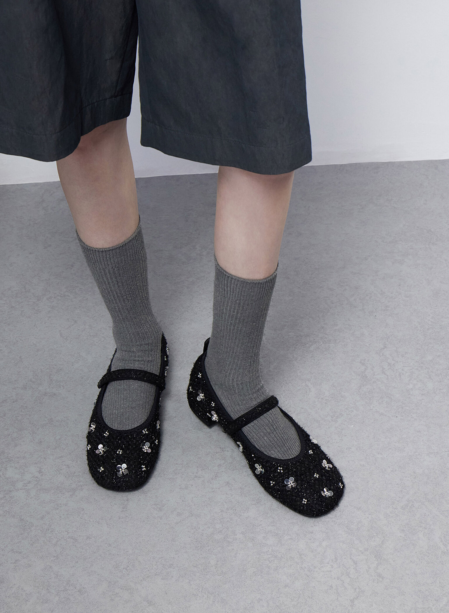 Tweed Flower-Embellished Mary Janes, Black Textured, hi-res