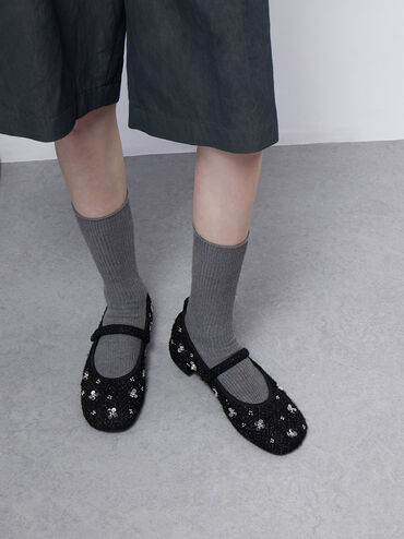 Tweed Flower-Embellished Mary Janes, Black Textured, hi-res