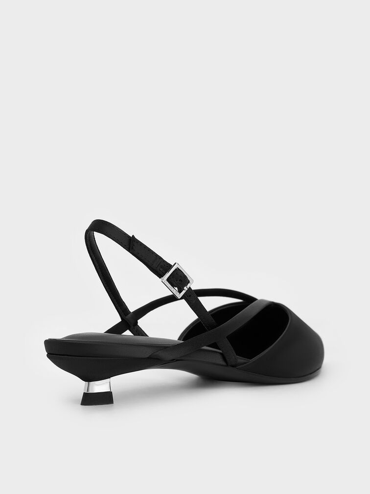 Satin V-Strap Pointed-Toe Slingback Kitten Heels, Black Textured, hi-res