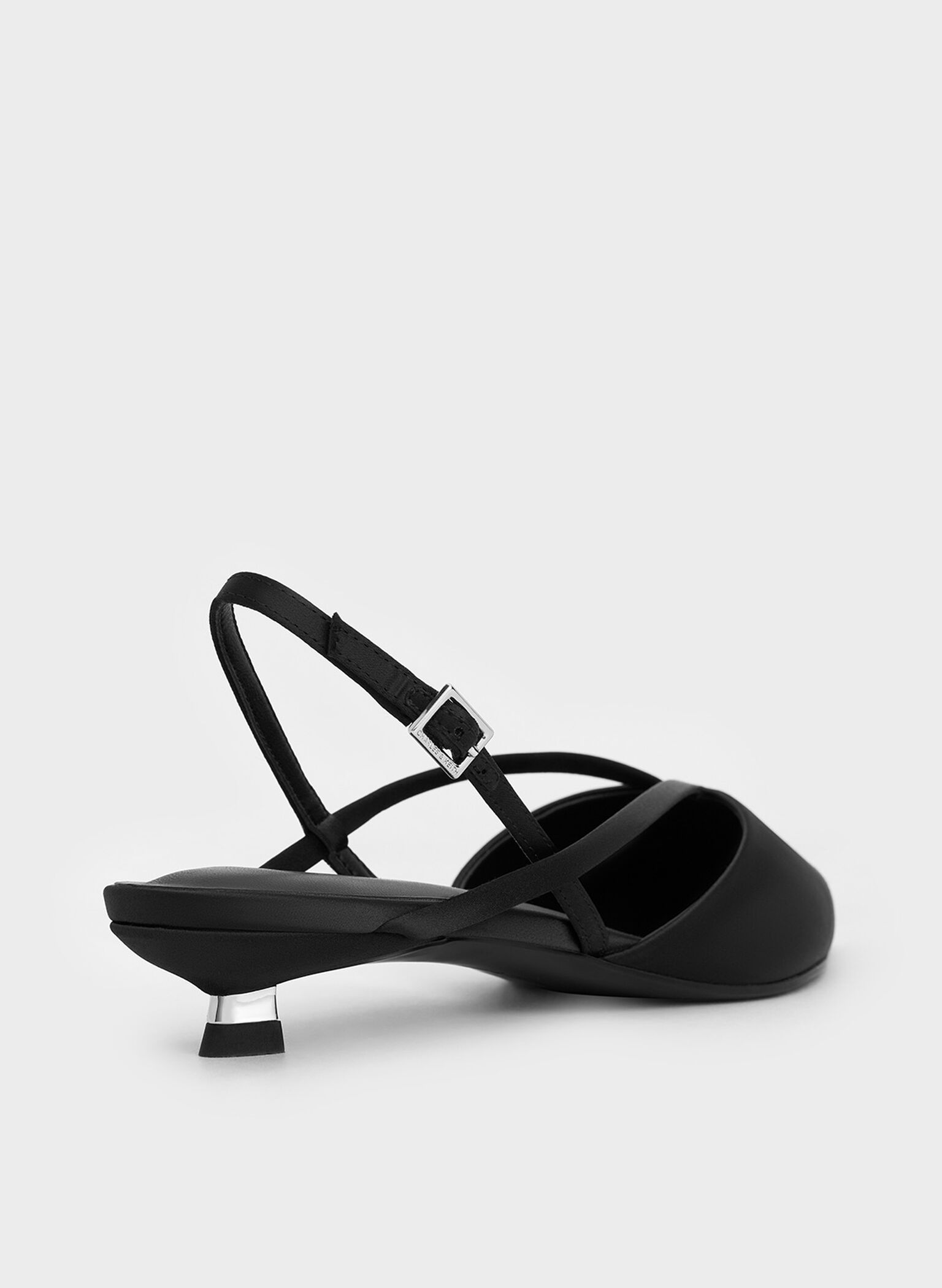 Satin V-Strap Pointed-Toe Slingback Kitten Heels, Black Textured, hi-res