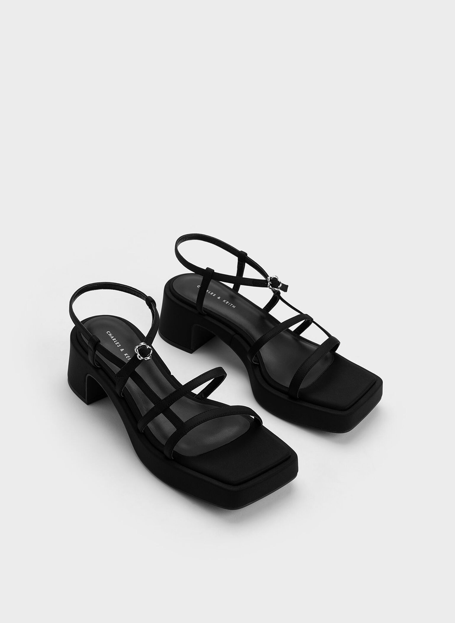 Selene Flower-Buckle Strappy Sandals, Black, hi-res