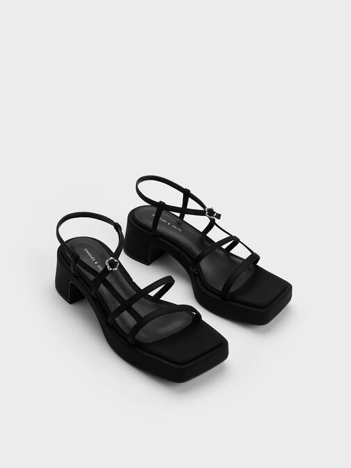 Selene Flower-Buckle Strappy Sandals, Black, hi-res