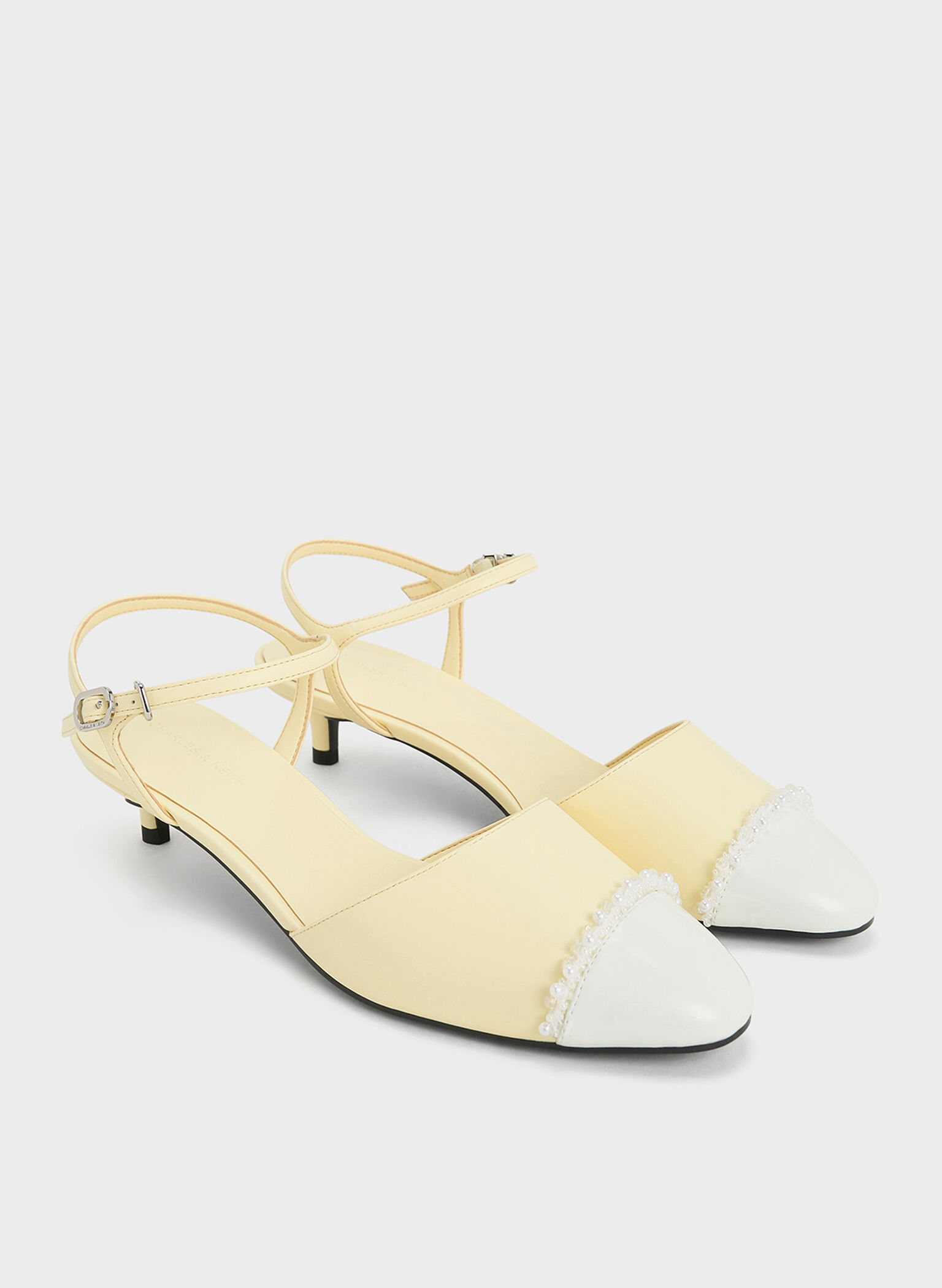 Pearl-Embellished Cap-Toe Kitten Heels, Butter, hi-res