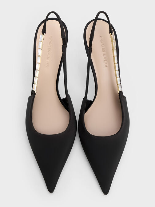 Satin Embellished-Strap Pointed-Toe Slingback Pumps, Black Textured, hi-res