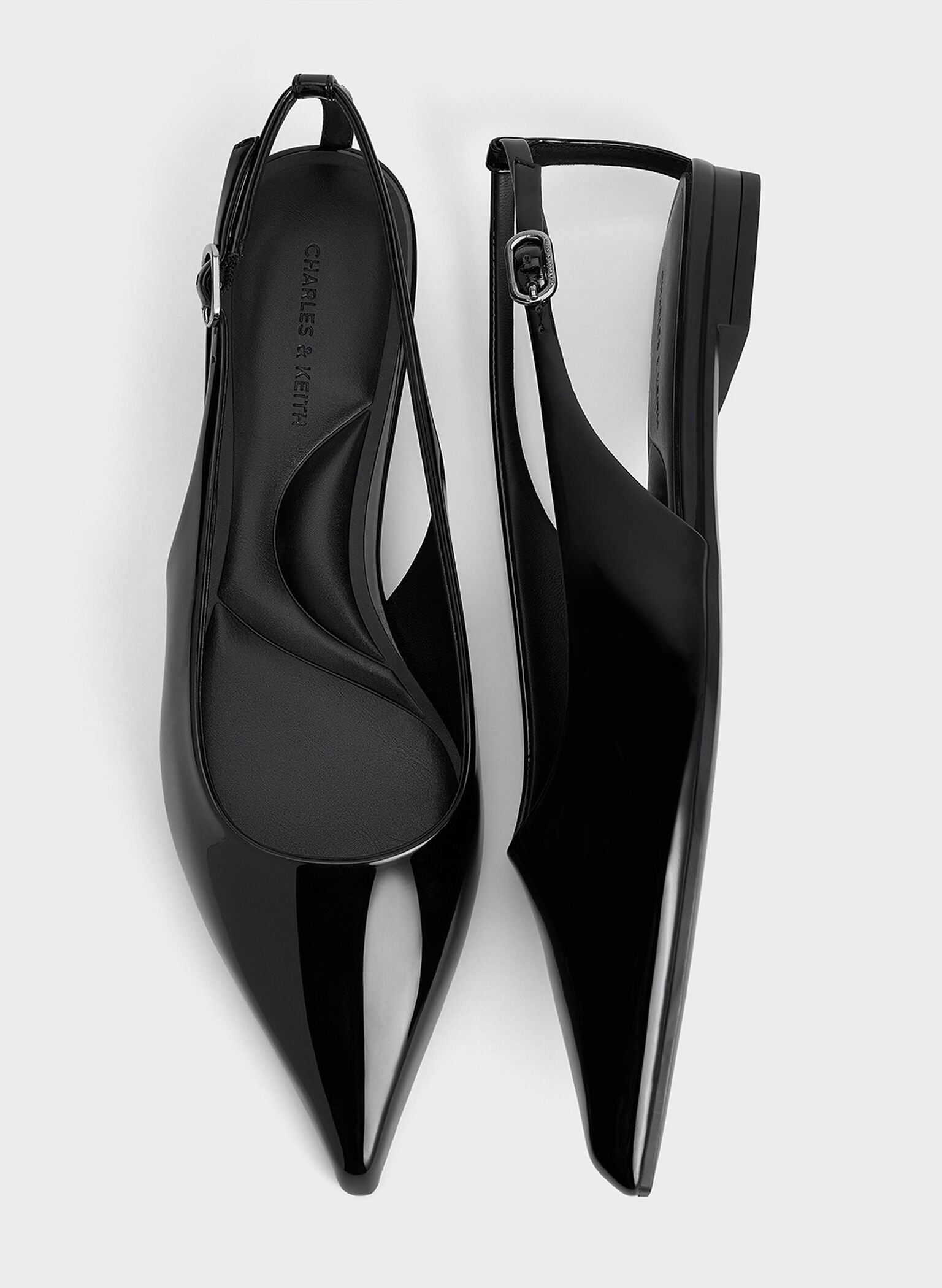 Patent Cut-Out Pointed-Toe Slingback Flats, Black Patent, hi-res