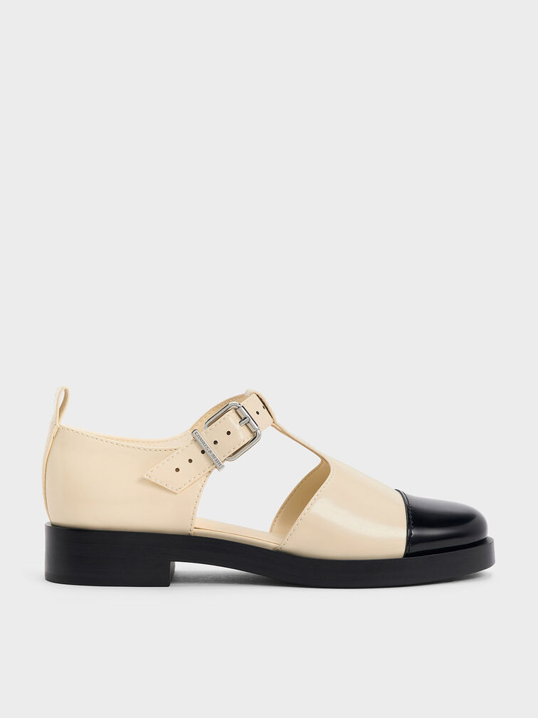 Charly Two-Tone T-Bar Buckled Sandals, Beige, hi-res