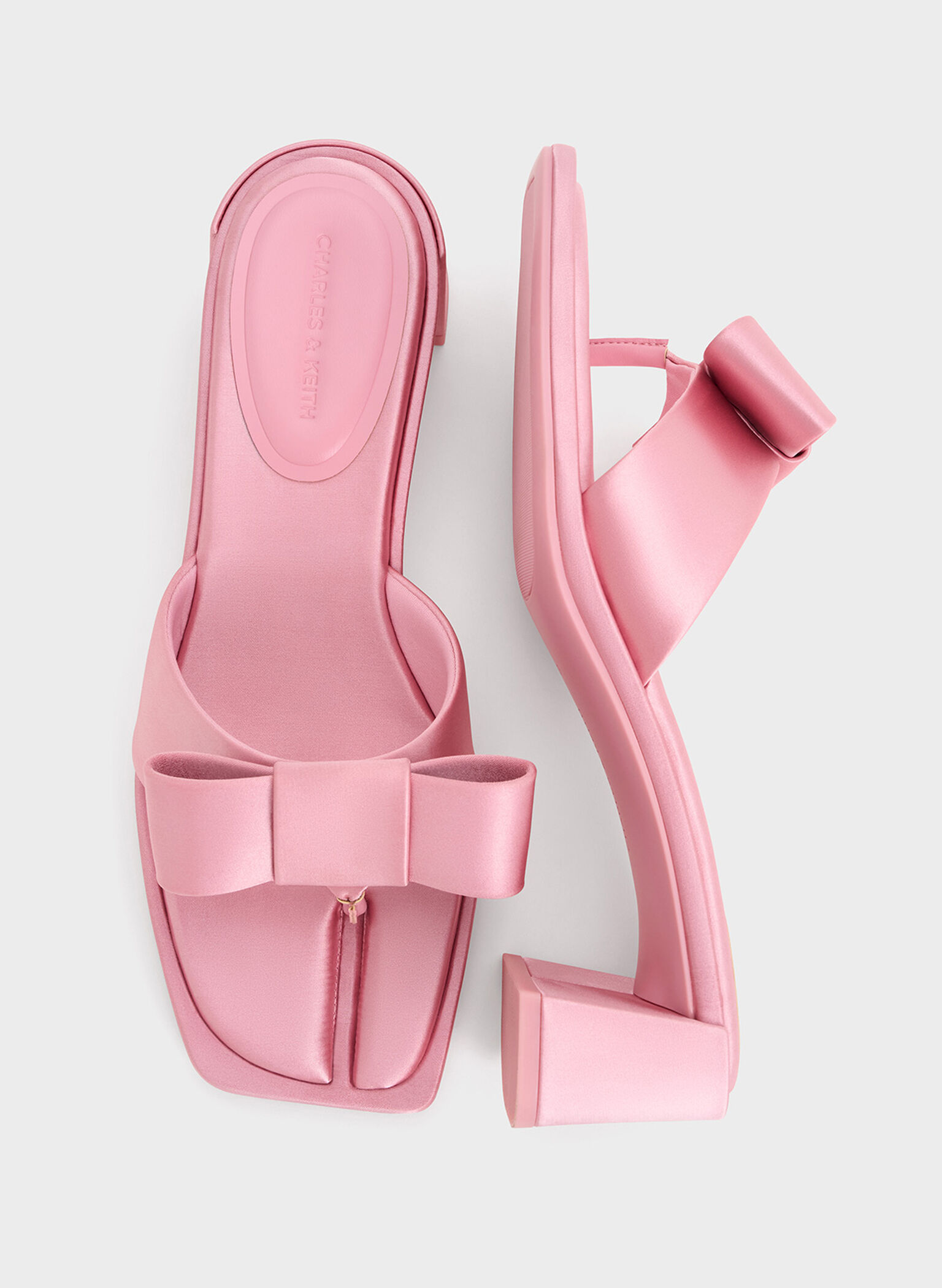 Satin Bow Heeled Thong Sandals, Pink, hi-res