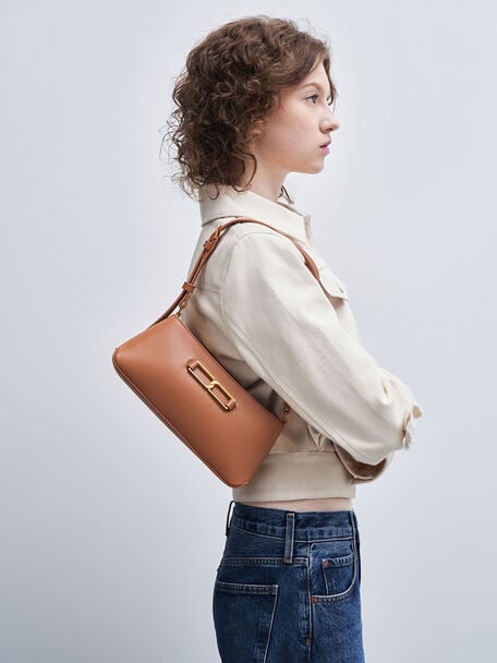 Gabine Leather Trapeze Shoulder Bag, Cognac, hi-res